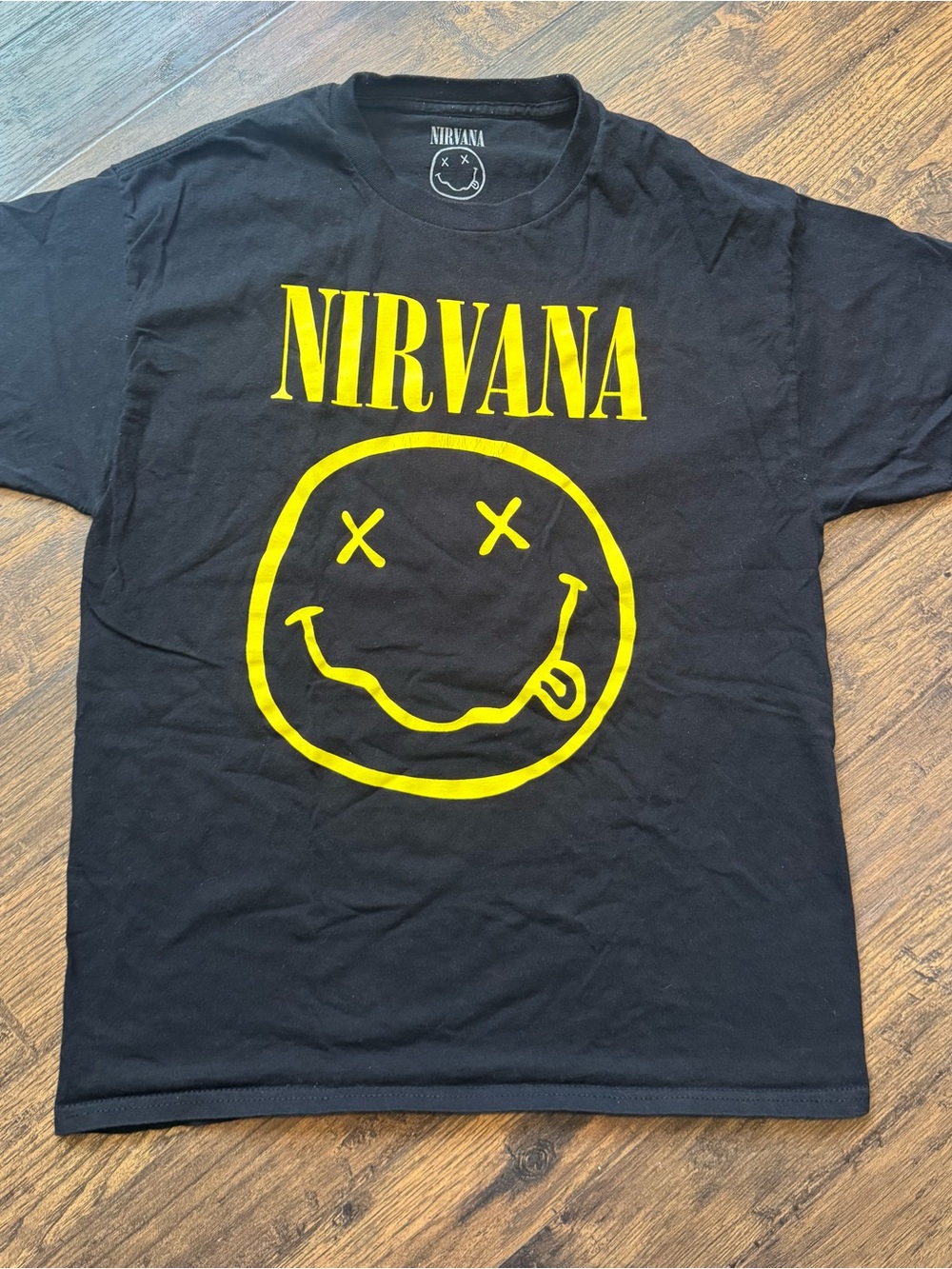 NIRVANA Black Tee with Yellow Block Logo and Smiley Print
